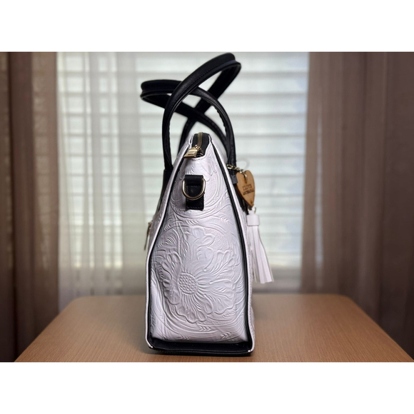 Black and White Embossed Tooled Artisan LEATHER Bag Purse Bolsa Artesanal Mexico - Picture 7 of 14